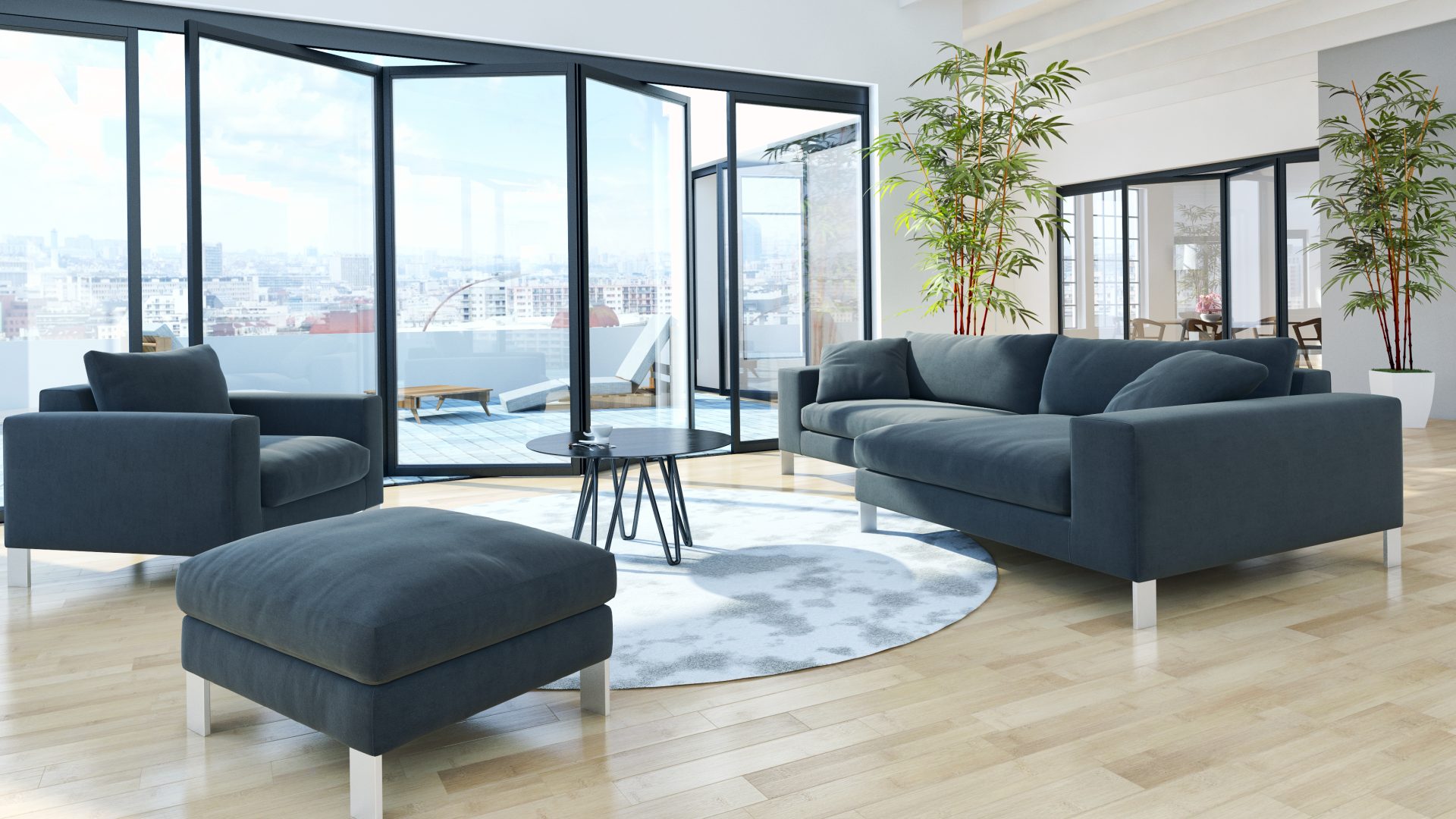 living room with folding doors