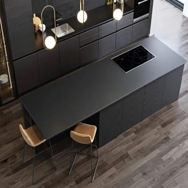 aerial view of kitchen with black chic textured cabinets