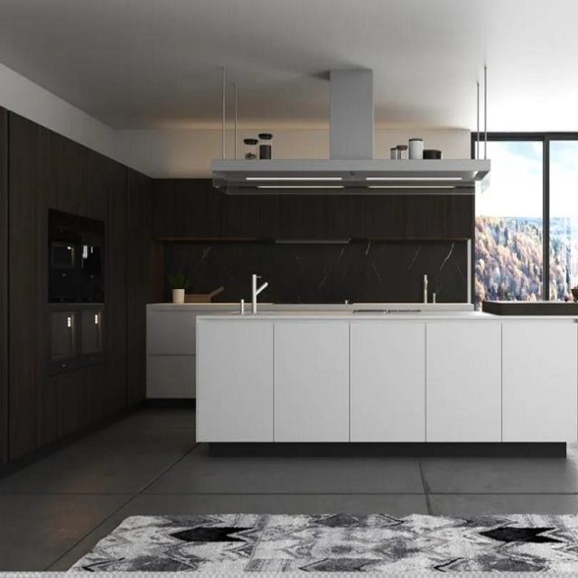 kitchen with dark brown modern flat panel cabinets
