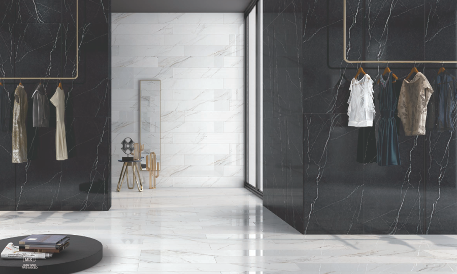 bathroom with marble tile floor and wall